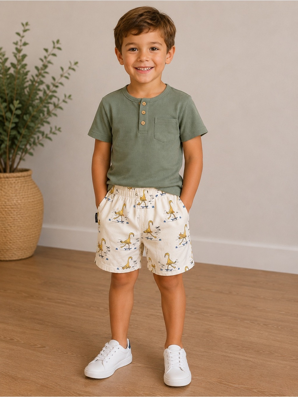 Tiny Tribe • NWT Cream Duck-Print Kids Shorts with Elastic Waist